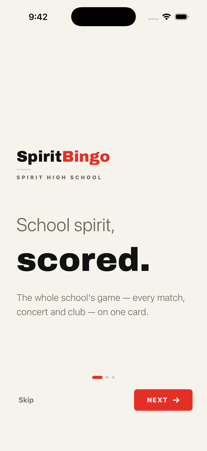 SpiritBingo onboarding screen reading 'School spirit, scored.' describing the app as the whole school's game.