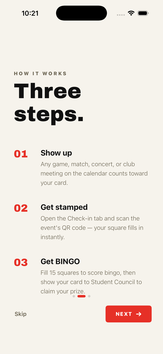 SpiritBingo onboarding screen titled 'Three steps' listing Show up, Get stamped, and Get BINGO.