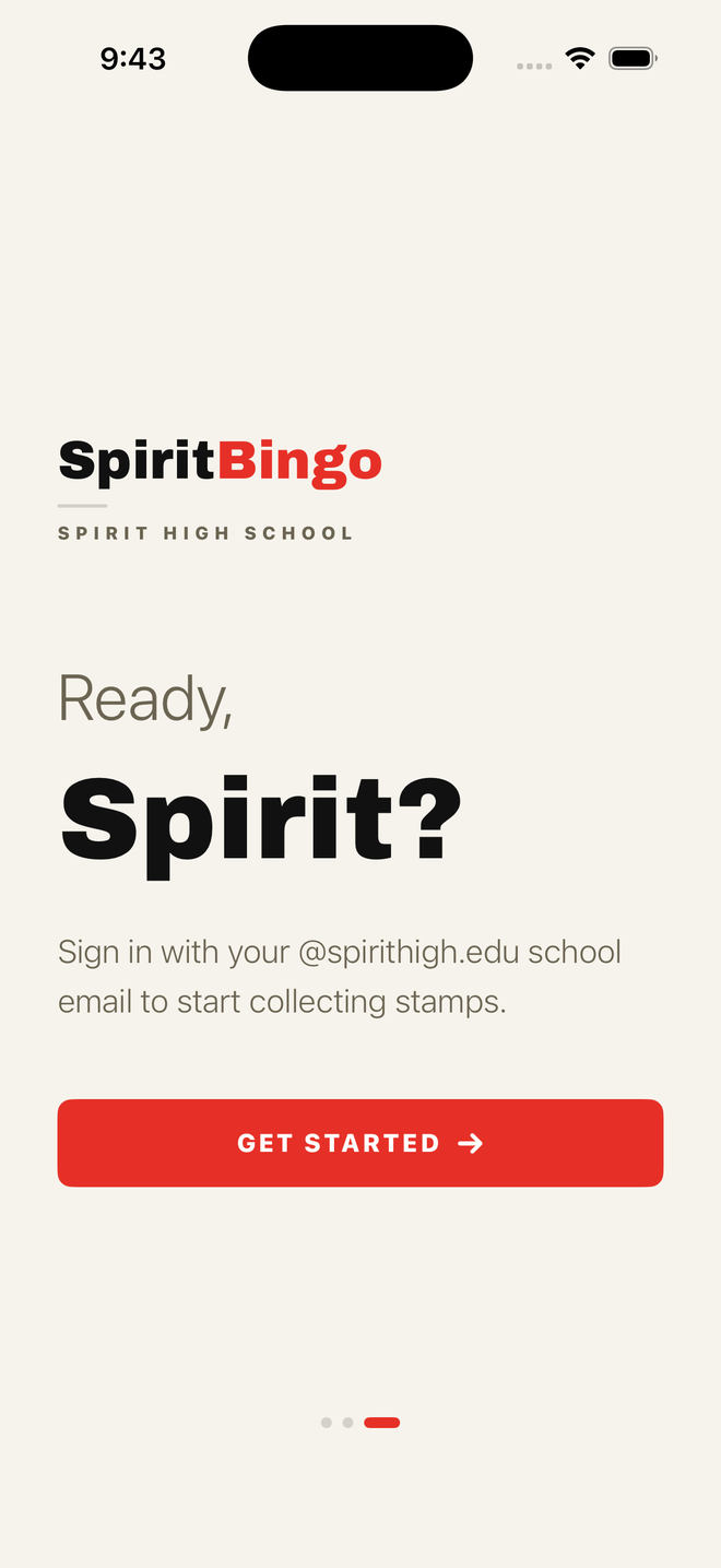 SpiritBingo onboarding screen reading 'Ready, Spirit?' prompting sign-in with a school email.